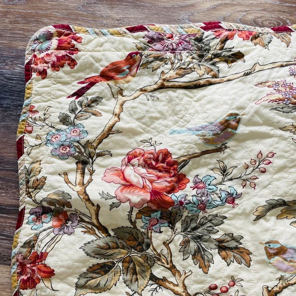 Waverly Charleston Chirp Quilted Pillow Shams Cream Floral Bird Chinoiserie